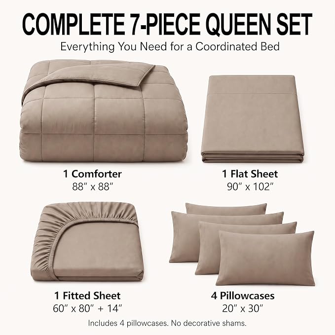 Queen Comforter Set Khaki - 7 Pieces Bed in a Bag | OEKO-TEX Certified, All-Season, Bedroom, Guest Room, Down-Alternative Comforter + Flat & Fitted Sheets + 4 Pillowcases