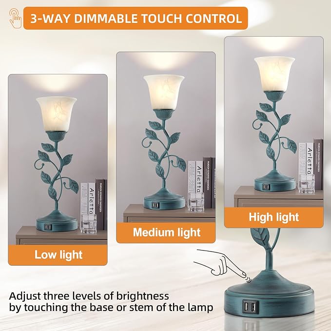Vintage Touch Table Lamp for Living Room with 2 USB C+A Ports | 3-Way Dimmable Nightstand Lamp, Farmhouse Rustic White Glass Shade Leaf Desk Lamp for Bedroom End Table, LED Bulb Included