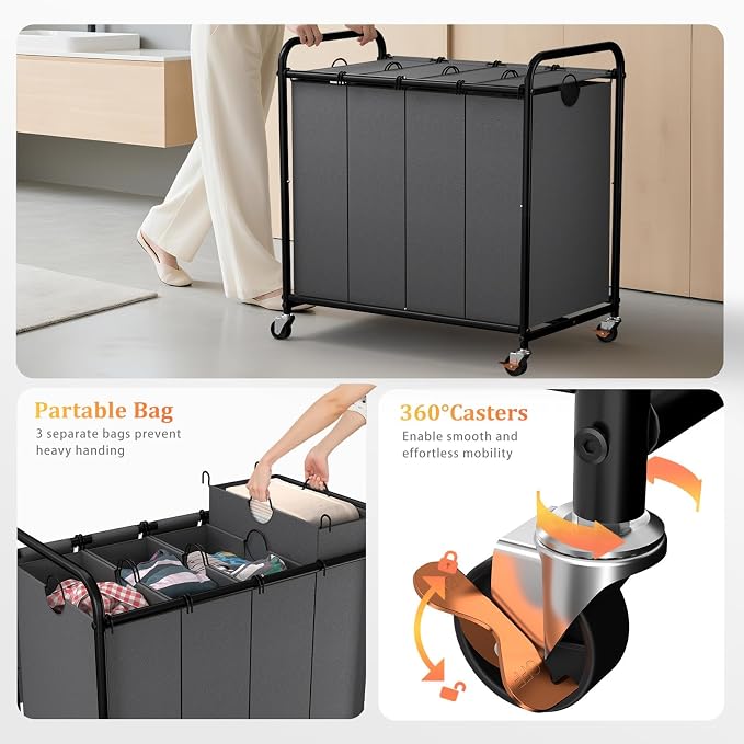 Laundry Sorter 4 Sections 48 Gal, Rolling Laundry Basket with Wheels ＆ Lid | Laundry Hamper, 4 Separated Removable Bags, Lockable Wheels, Dirty Clothes Hamper for Laundry Room Organizer, Grey