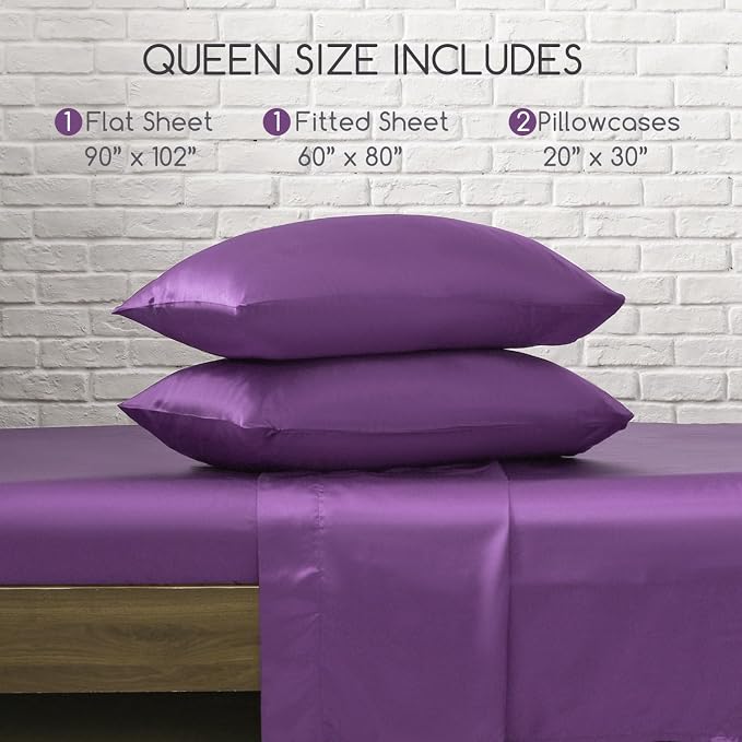 MR&HM Satin Sheets Queen Size with Elastic Corner Straps, Lavender | Similar to Silk, 4-Piece Silky Soft Bed Sheet Set, Gentle on Skin and Hair, 15" Deep Pocket, Cooling & Breathable