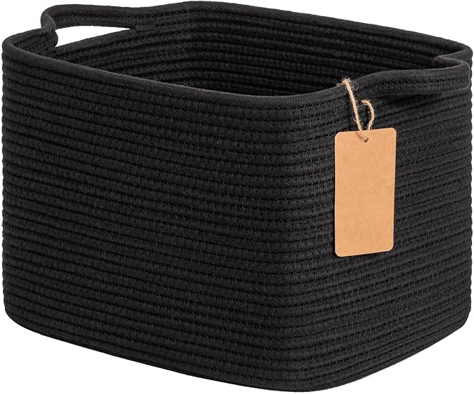 Goodpick Woven Rope Storage Basket for Shelves, Rectangle, Black | 13" × 10" × 9" Stylish Gift Basket for Home Decor, Cotton Rope Baskets for Toys, Towels & Books Storage, Reinforced Handles
