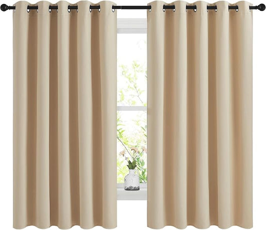NICETOWN Biscotti Beige Blackout Curtains for Bedroom 66" x 60" 2 Panels | 3 Pass Microfiber Noise Reducing Thermal Insulated Solid Ring Top Window Drapes, Light Blocking Room Darkening Home Decor