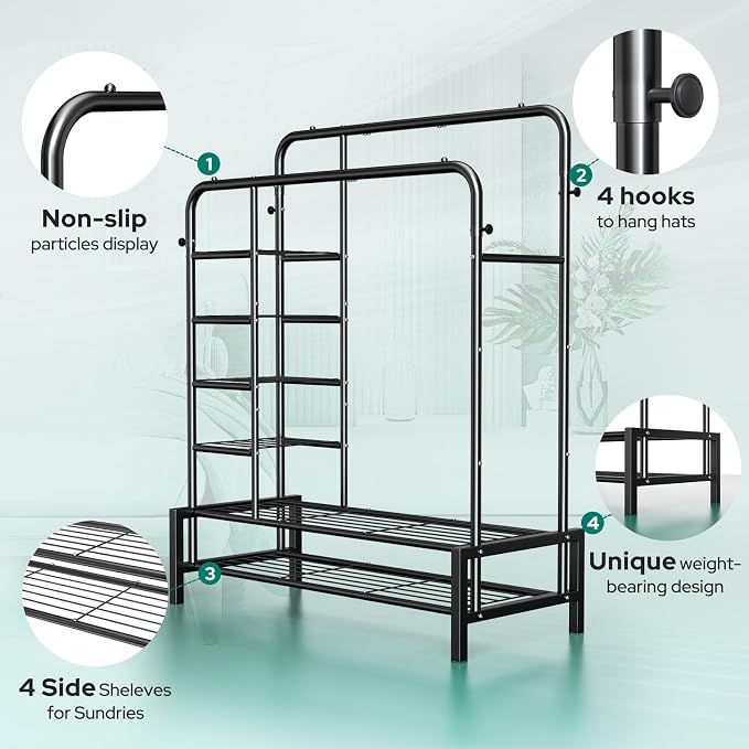 Clothes Rack with Shelves, Double Rods Clothing Rack for Bedroom, Black | Metal Garment Rack for Hanging Clothes, 2 Bottom Shelves & 4 Side Shelves, 220 LBS Clothes Racks for Laundry Room, Dorm Room