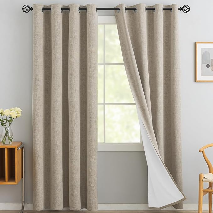 Yakamok Natural Linen Textured Curtains 84 Inches Long for Living Room | 100% Blackout Curtains,Room Darkening Curtains,Thermal Grommet Bedroom Curtain 2 Panels with Greyish White Liner,52W x 84L