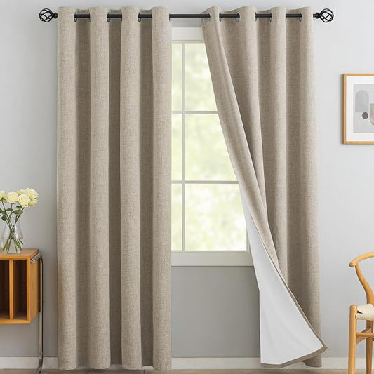 Yakamok Natural Linen Textured Curtains 84 Inches Long for Living Room | 100% Blackout Curtains,Room Darkening Curtains,Thermal Grommet Bedroom Curtain 2 Panels with Greyish White Liner,52W x 84L