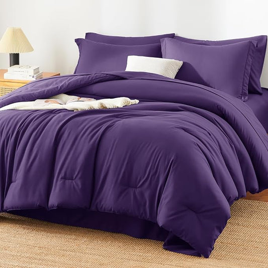 HIMEET King Comforter Set, 7-Piece Point-Quilted Bed in a Bag, Purple | OEKO-TEX Certified, Lightweight 240 GSM Comforter, Flat Sheet, 14-Inch Deep-Pocket Fitted Sheet, Pillowcases & Shams