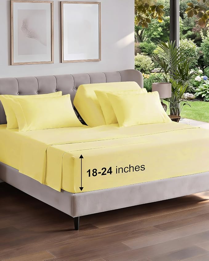 CGK Unlimited Extra Deep Flex Top Split Head King Sheet Set - 6 Piece Breathable and Cooling Sheets - Hotel Luxury Bedding for Women, Men, Kids & Teens - Easy Secure Fit - Extra Deep Pockets - Yellow