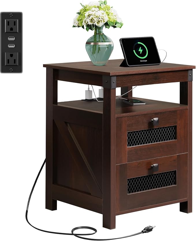 WLIVE Nightstand with Charging Station, Farmhouse End Table, Bed Side Table with 2 Storage Drawers and Open Shelf, Wood Rustic Nightstands for Bedroom, Espresso | Charging Station(2AC+2USB), Farmhouse Design (Cut-out Grills)，Storage(2 Drawers +1 Shelf)...