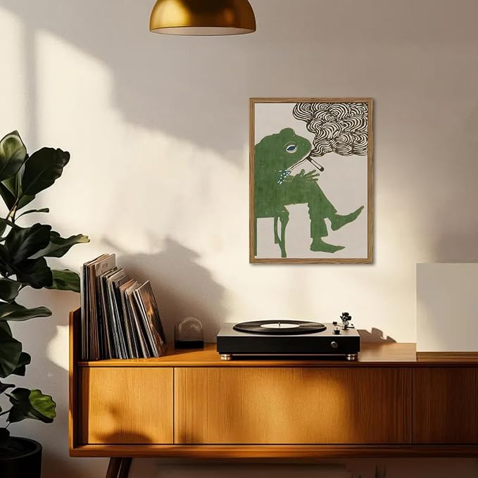 Funny Frog Smoking Wall Art Whimsical Green Frog Wall Decor Painting Cute Animal Bar Cart Poster Canvas Prints for Bedroom Living Room 16x24 inch Wood Framed