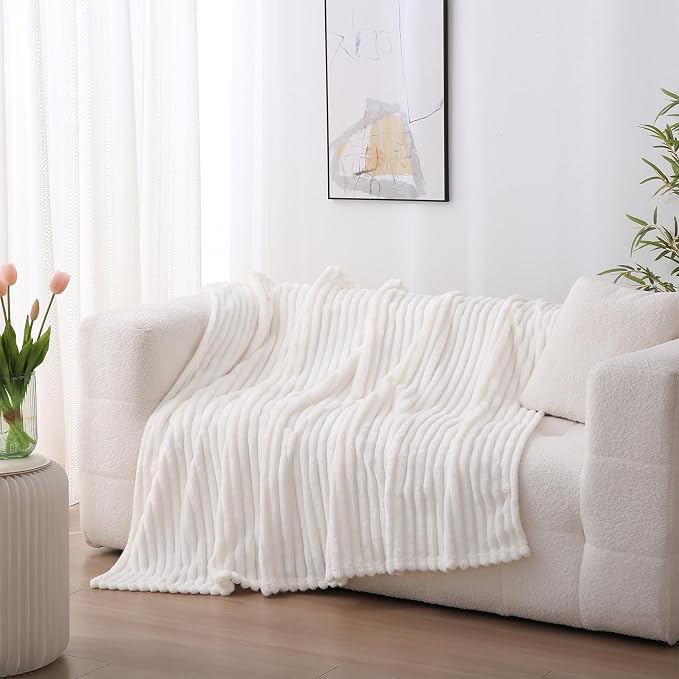 Cream White Fleece Throw Blanket 108”×90” for Couch Sofa Livingroom | Super Soft Cozy Plush Microfiber Flannel Bed Blanket Striped Design Lightweight Home Decor Gifts for Adults Mom Women