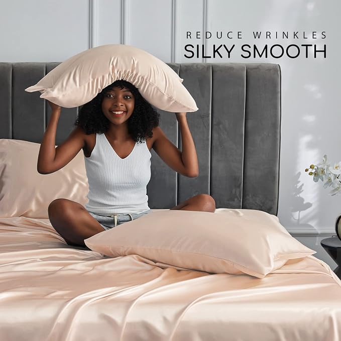 MR&HM Satin Sheets King Size with Elastic Corner Straps, Champagne | Similar to Silk, 4-Piece Silky Soft Bed Sheet Set, Gentle on Skin and Hair, 15" Deep Pocket, Cooling & Breathable