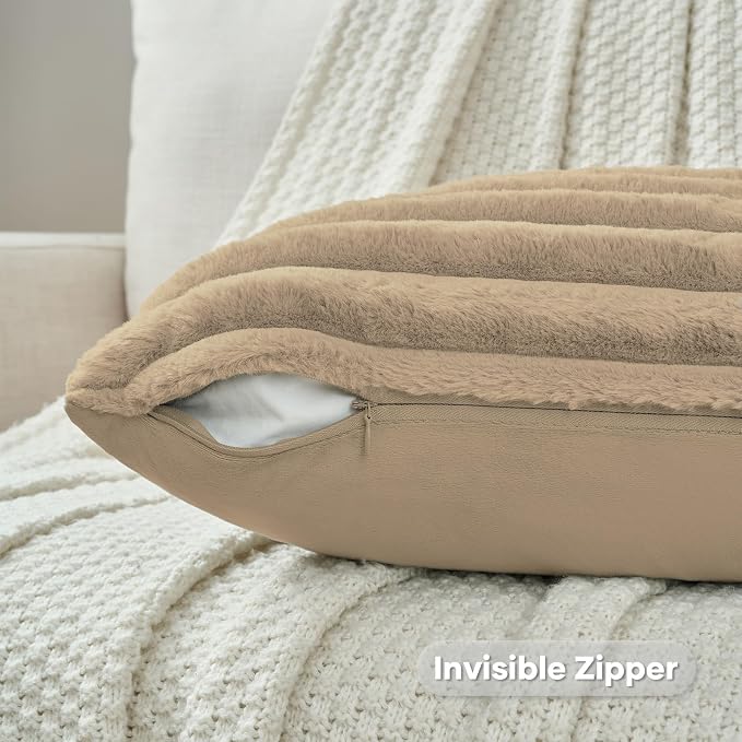 FUTEI Pack of 2 Faux Fur Throw Pillow Covers 24x24 Inch, Khaki | Fluffy Faux Rabbit Fur Front/Premium Velvet Back,Hidden Zipper,Machine Washable,Non-Shedding,Colorfast,Insert Not Included.