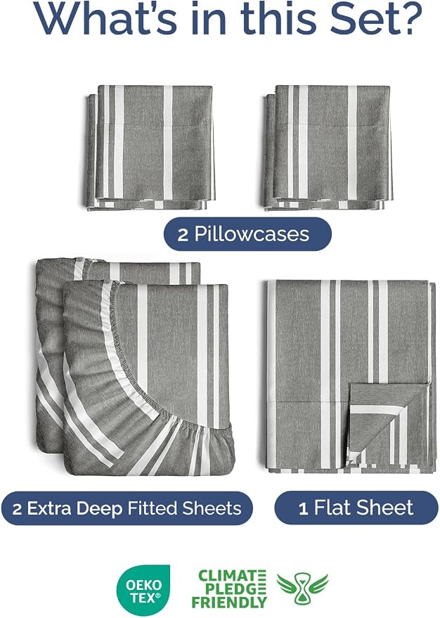 Extra Deep Split King Sheet Set - 7 Piece Cooling Bed Sheets - Grey Stripes | Hotel Luxury Bed Sheets Set, Easy & Secure Fit, Ultra-Soft, Wrinkle & Fade Free, Comfy Sheets Set with Extra Deep Pockets