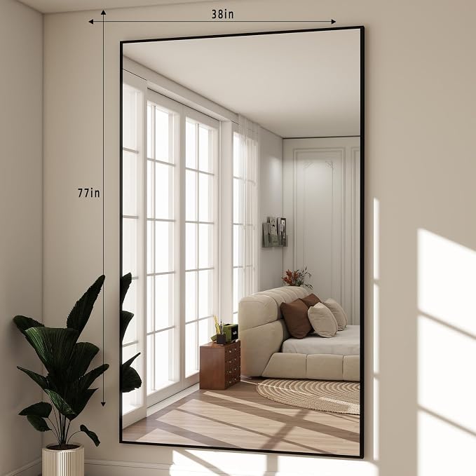 BEAUTYPEAK 77"x38" Rectangle Full Body Floor Mirrors, Full Length Mirror | Hanging or Leaning, Aluminum Alloy Frame Wall Mirror for Bedroom, Dressing Room, Black