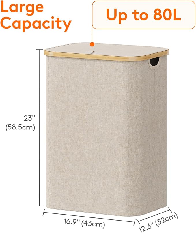 Lifewit 80L Laundry Basket with Lid, Clothes Hampers for Laundry with Bamboo Handles and 1 Removable Bag, Large Foldable Laundry Hamper for Bedroom, Bathroom, Dorm, Laundry Room, Beige