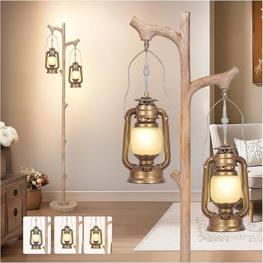 Scenekoy Vintage 68” Tall Resin Floor Lamp with Lanterns, Dimmable | Antiques Tree Trunk Finish Retro Standing Lamp, Stand Up Corner Lamp with Bulb Prefer for Living Room Bedroom Home Decor