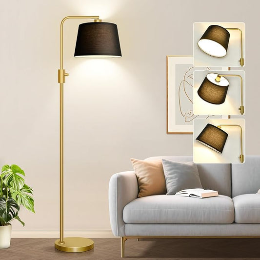 Nintiue Dimmable Gold Floor Lamp, 1000 LM LED Edison Bulb Included, Arc Floor Lamps for Living Room with Black Shade, Modern Standing Lamp Tall Lamps for Living Room Bedroom