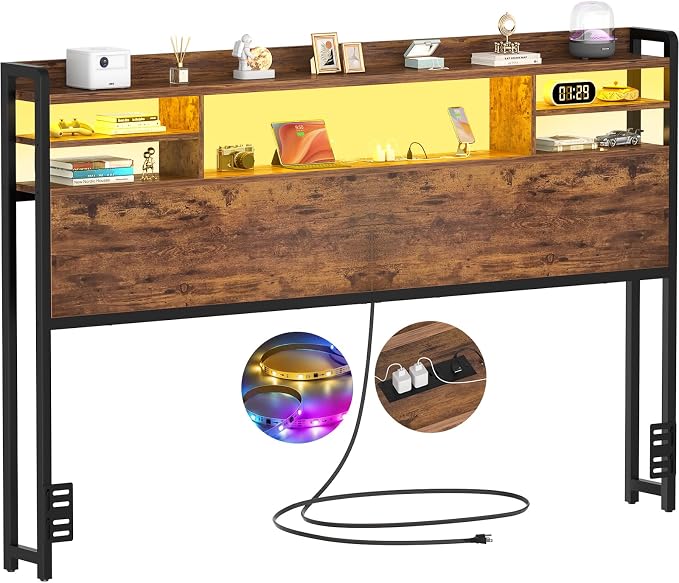 Aheaplus Headboard for Queen Size Bedwith Storage and Outlets, Rustic Brown | Headboards with LED Light, Power Outlets, USB Ports Queen Size Head Board, Wood headboard Only Sturdy and Stable Headboards
