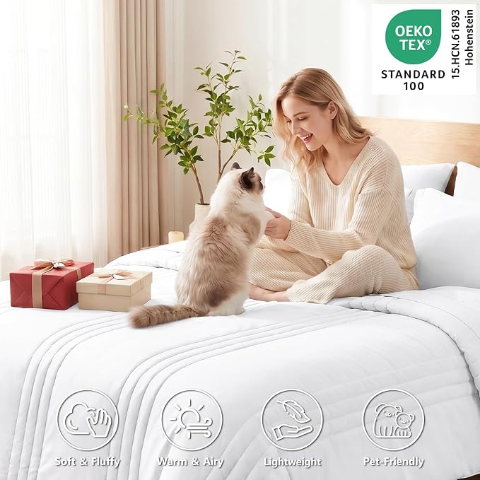 Queen Comforter Set White - 7 Pieces Vertical Quilted Bed in a Bag | OEKO-TEX Certified, 240GSM Down-Alternative Comforter, 14" Deep-Pocket Sheets, Shams & Pillowcases, Lightweight