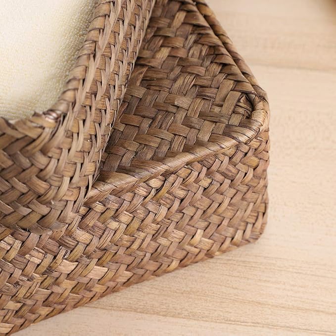 Hipiwe Set of 2 Flat Woven Wicker Storage Bins with Lid Seagrass Basket | Natural Decorative Baskets Multipurpose Home Boxes for Shelf Organizer Home Decor (Coffee)