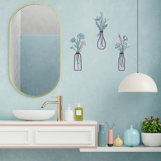 Pigort 3 Pieces Metal Flowers Wall Arts - Rustic Farmhouse Decor Purple Minimalist Flower Wall Decors for Living room Bathroom Bedroom Dining Room-Housewarming Gifts(Purple, Vase-C)
