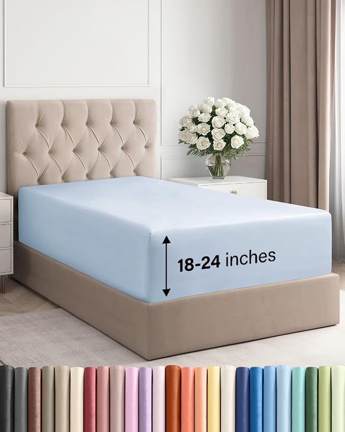 Deep Twin XL Fitted Sheet - College Dorm Room Essentials - Sky Blue | Easily Fits 18 inch to 24 inch Mattress, Wrinkle Resistant, Soft, Breathable & Comfy, Extra Deep Pockets Fitted Sheet
