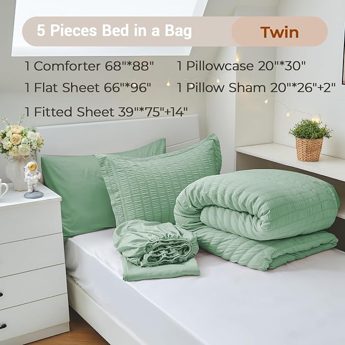 5 Pieces Twin Comforter Set, Seersucker Bed in a Bag Twin Size, All Season Luxury Bedding Set with Comforter, Flat Sheet, Fitted Sheet, Pillowcase & Sham, Sage Green