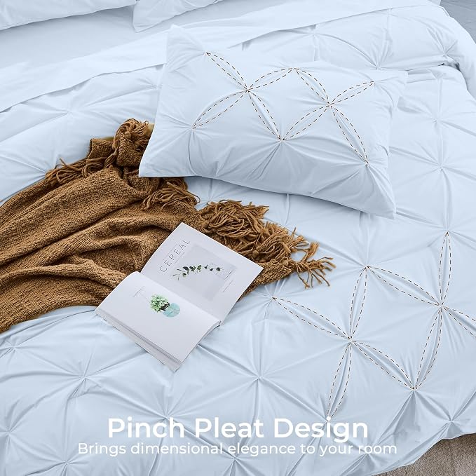 Sasttie Oversized King Comforter Set, 7-Piece Bed in a Bag, Pintuck Bedding Sets for All Season, Includes Comforter, Flat Sheet, Fitted Sheet, Pillowcases and Pillowshams, Light Blue