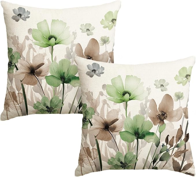 AVOIN colorlife Poppy Flowers Pillow Covers 18x18 Inch Set of 2 | Chinoiserie Sage Green Brown Seasonal Leaves Cushion Case Decoration for Sofa Couch Farmhouse