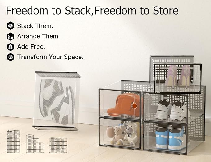 Kuject X-Large Shoe Storage Boxes 12 Pack, Clear Stackable Shoe Organizer | Shoe Case for Closet, Entryway & Under-Bed Storage, Drop-Front Design, Space-Saving Solution for Family Organization,Black