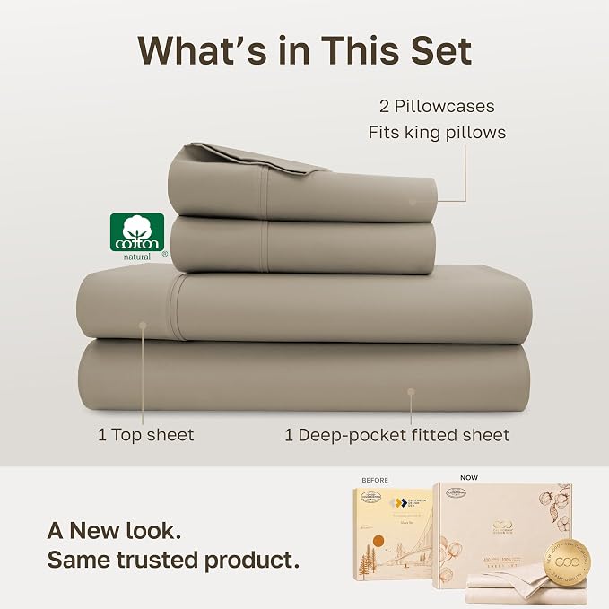 California Design Den 100% Cotton Sateen King Bed Sheets Deep Pocket Set | 400 Thread Count Backed by Good Housekeeping Seal, 16" Deep Pocket, All-Around Elastic, Durable, Easy Care - Taupe