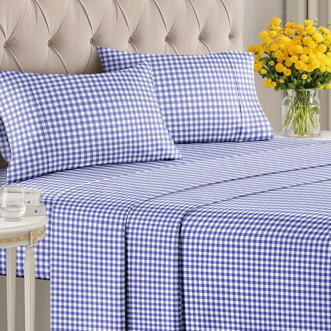 Cal King 4 Piece Striped Sheet Set - Breathable & Cooling - Blue Gingham | 1 Flat, 1 Fitted & 2 Pillowcases w/ Deep Pockets, Luxury Striped Bedding, Soft, Breathable & Cooling, Wrinkle & Fade Free