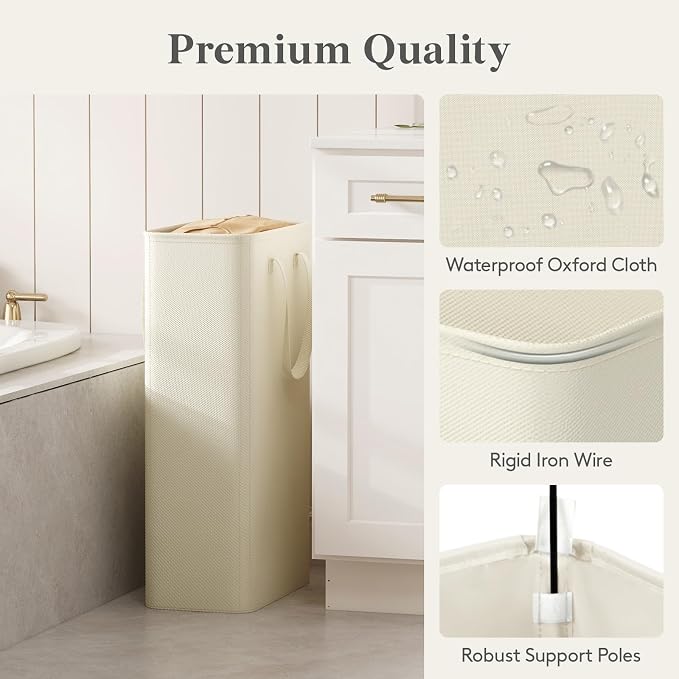 Lifewit Slim Collapsible Laundry Basket with Handles, 65L, Ivory | Narrow Laundry Hamper for Dirty Clothes, Tall Thin Laundry Bin, Small Clothes Hamper for Bathroom, Bedroom, RV, Dorm