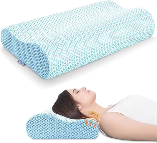 Anvo Memory Foam Pillow, Neck Contour Cervical Orthopedic Bed Pillow for Sleeping Side Back Stomach Sleeper, Ergonomic Design for Neck and Shoulder Pain Relief, Blue White, Soft