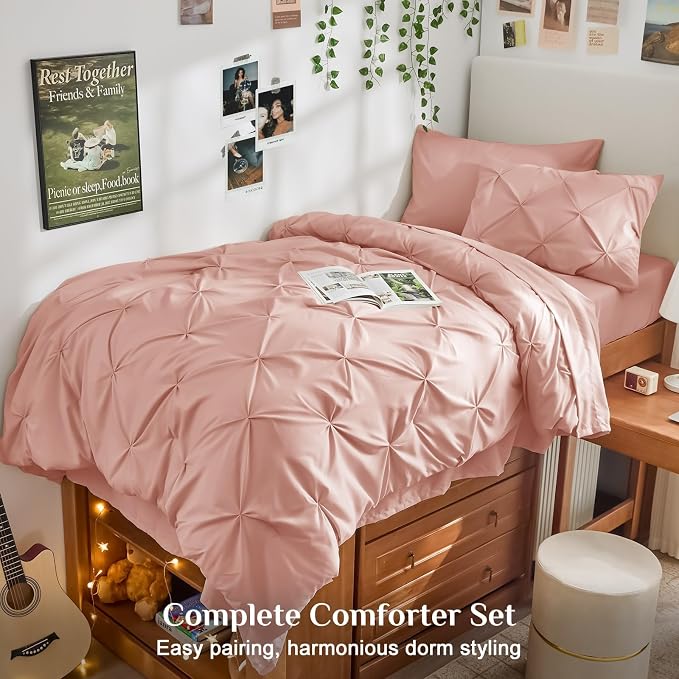 JOLLYVOGUE Twin XL Comforter Set 5 Pieces - Bed in a Bag Twin XL for All Season, Pintuck Bedding Comforter Sets with Comforter, Flat Sheet, Fitted Sheet and Pillowcases & Shams, Rose Brown