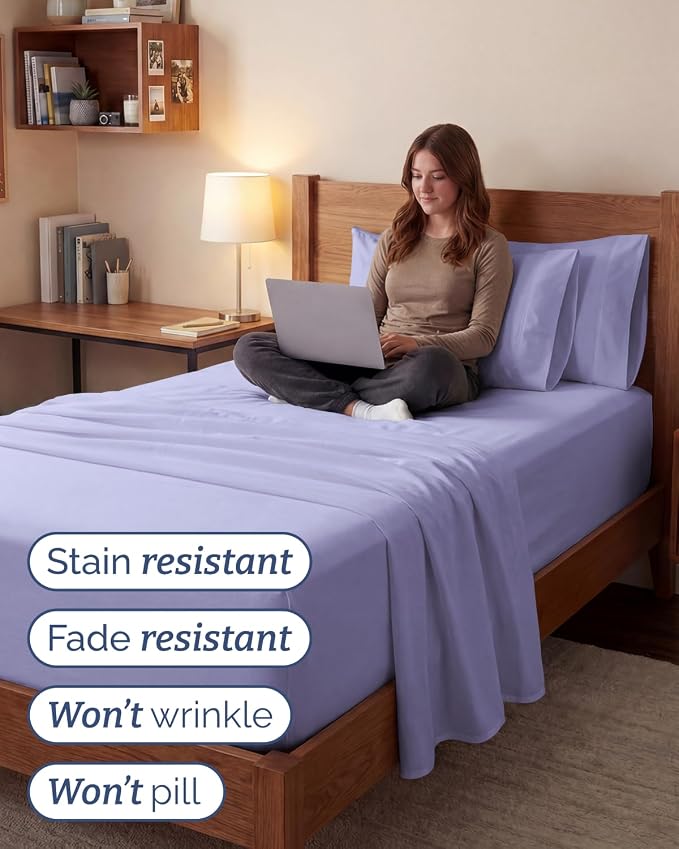 Extra Deep Twin XL Sheet Set - 4 Piece College Dorm Room - Lavender | College Dorm Room Essentials, Easy & Secure Fit, Ultra-Soft, Wrinkle & Fade Free, Comfy Sheets Set with Extra Deep Pockets