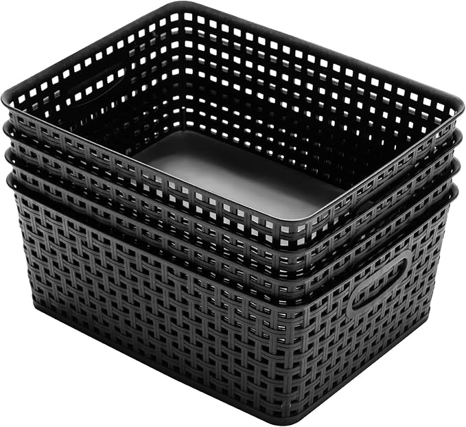 Eslite Plastic Storage Baskets for Organizing,11"X8.5"X4.7",Pack of 4 (Black)