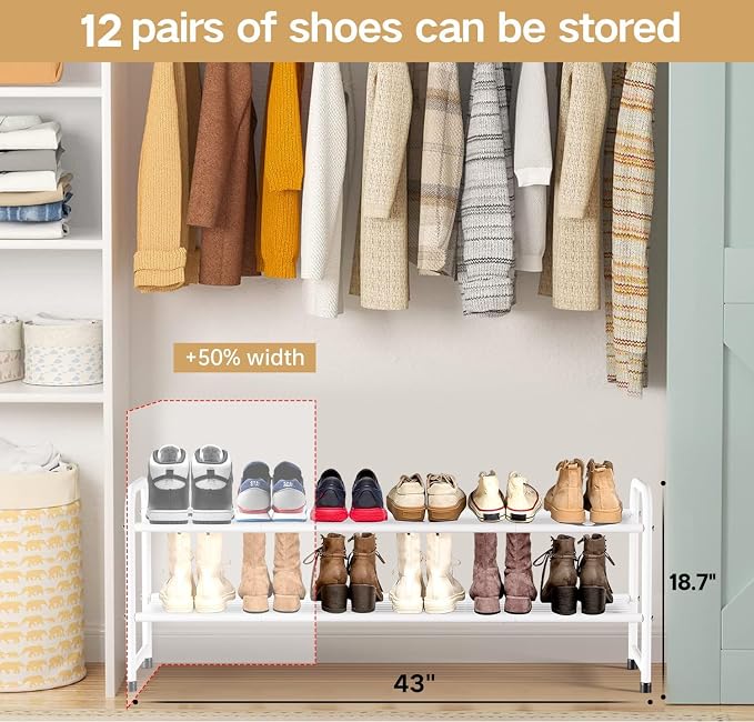 KEETDY 2-Tier Long Shoe Rack for Closet Metal Shoe Organizer for Entryway, Wide Stackable Shoe Storage Shelf with Sturdy Wire Grid for Closet Floor, Bedroom, White