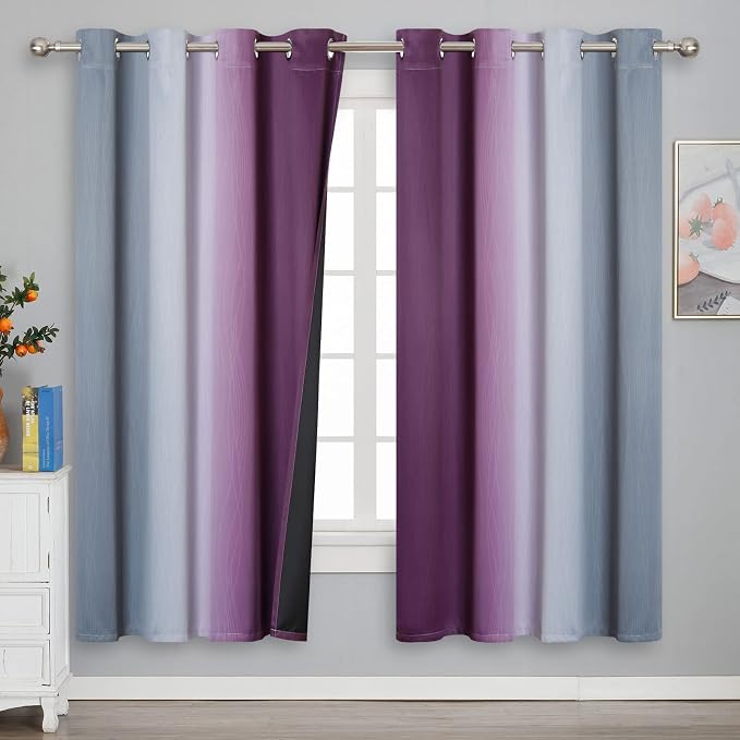 Purple and Grey Ombre Blackout Curtains for Bedroom 52Wx72L Inch 2 Panels | Estelar Textiler Light Blocking,Room Darkening,Thermal Insulated Grommet Drapes with Wavy Line Pattern for Kids Living Room