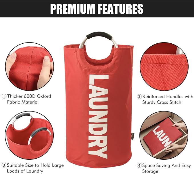 DOKEHOM 125L X-Large Laundry Basket Bag, Collapsible Tall Hamper, Red | Freestanding tall washing bin & foldable laundry bag. Extra large clothes storage basket with durable sturdy handles
