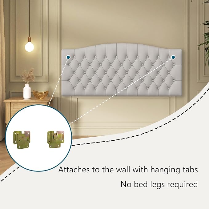 Furpopup Velvet Queen Size Headboard Only Upholstered Wall Mount Light Gray | 2 ways to use:Wall-mounted (for adjustable bed) and bed frame mounted, Easy to assemble, Classic button design headboard