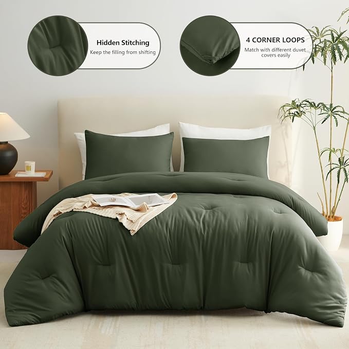 Queen Comforter Set, 3 Pieces Down Alternative Bedding, Dark Green | 270 GSM All Season Comforter with 4 Corner Ties for Use as a Duvet Insert, OEKO-TEX Certified, 2 Pillowcases, 88 x 88 in