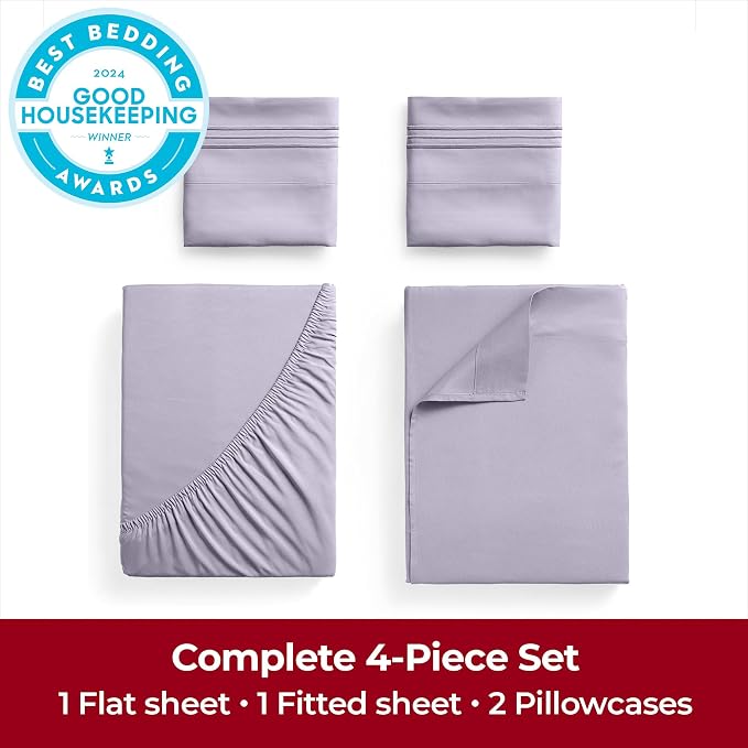 Mellanni Iconic 4-Piece, Ultra Soft Sheet Set (Queen, Lavender) | 10M+ Sleepers. Lab-tested: Sleeps Cool, Stays Bright, Strong, Smooth. Good Housekeeping Best Bedding, 7 yrs running.
