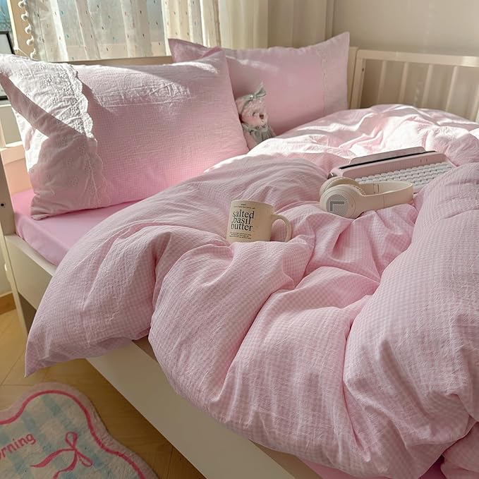 mixinni Pink White Gingham Duvet Cover Twin XL Size - 3 Piece Cottagecore Plaid Bedding Set with Lace Trim, Soft Washed Microfiber Vintage Aesthetic Grid Comforter Cover & Pillow Shams