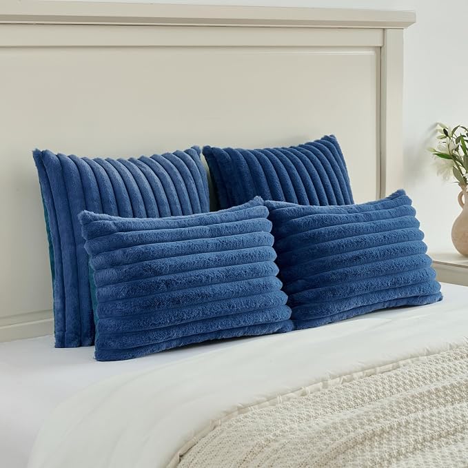 FUTEI Pack of 2 Faux Fur Throw Pillow Covers 26x26 Inch, Navy Blue | Fluffy Faux Rabbit Fur Front/Premium Velvet Back,Hidden Zipper,Machine Washable,Non-Shedding,Colorfast,Insert Not Included.