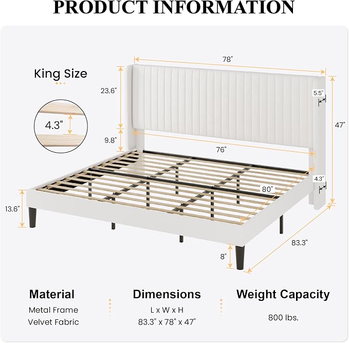 SHA CERLIN King Size Velvet Bed Frame, Tufted Wingback Headboard, White | 47'' Modern Vertical Channel Headboard, Upholstered Platform Bed, Wood Slats, No Box Spring Needed, Easy Assembly, Noise Free