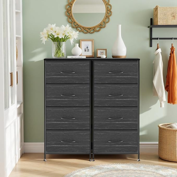4 Drawers Dresser for Bedroom Fabric Storage Tower with Wooden Top | Steel Frame Tall Chest of Drawers for Closet, Entryway, Dorm, Charcoal Black