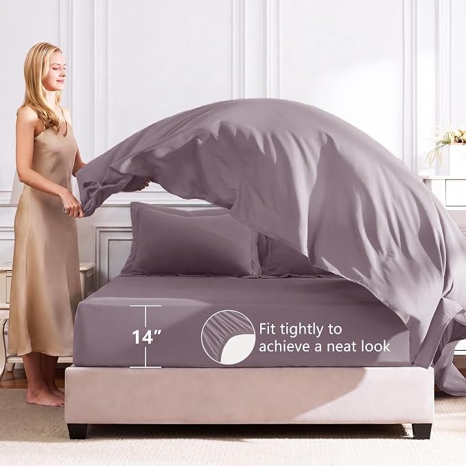 Oversized Queen Comforter Set Dusty Purple - 7 Pieces Bed in a Bag | OEKO-TEX Certified, All Season, 240GSM Down-Alternative Comforter, Sheets, Pillowcases & Shams, 14" Deep Pocket, Easy Care