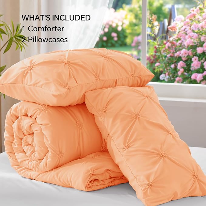 BEDELITE King Comforter Set Apricot,Lightweight & Soft Comforter | Pintuck Boho Bedding, Warm & Cute Bed Set for All Season,With 2 Pillowcases