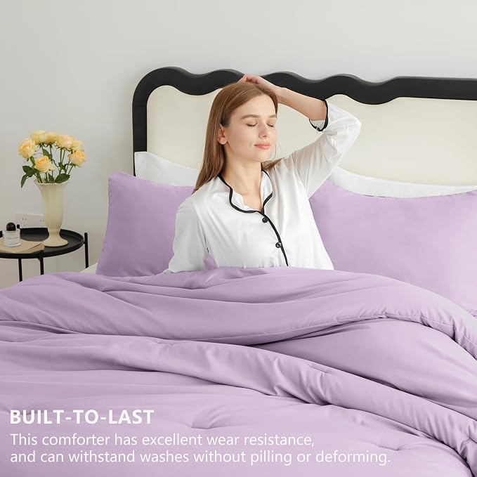 Oversized King Comforter Set, 3 Pieces Lavender Quilted Bedding | 270 GSM Down Alternative Fill, 4 Corner Ties for Duvet Insert Use, All Season, OEKO-TEX Certified, 2 Pillowcases, 120 x 98 in